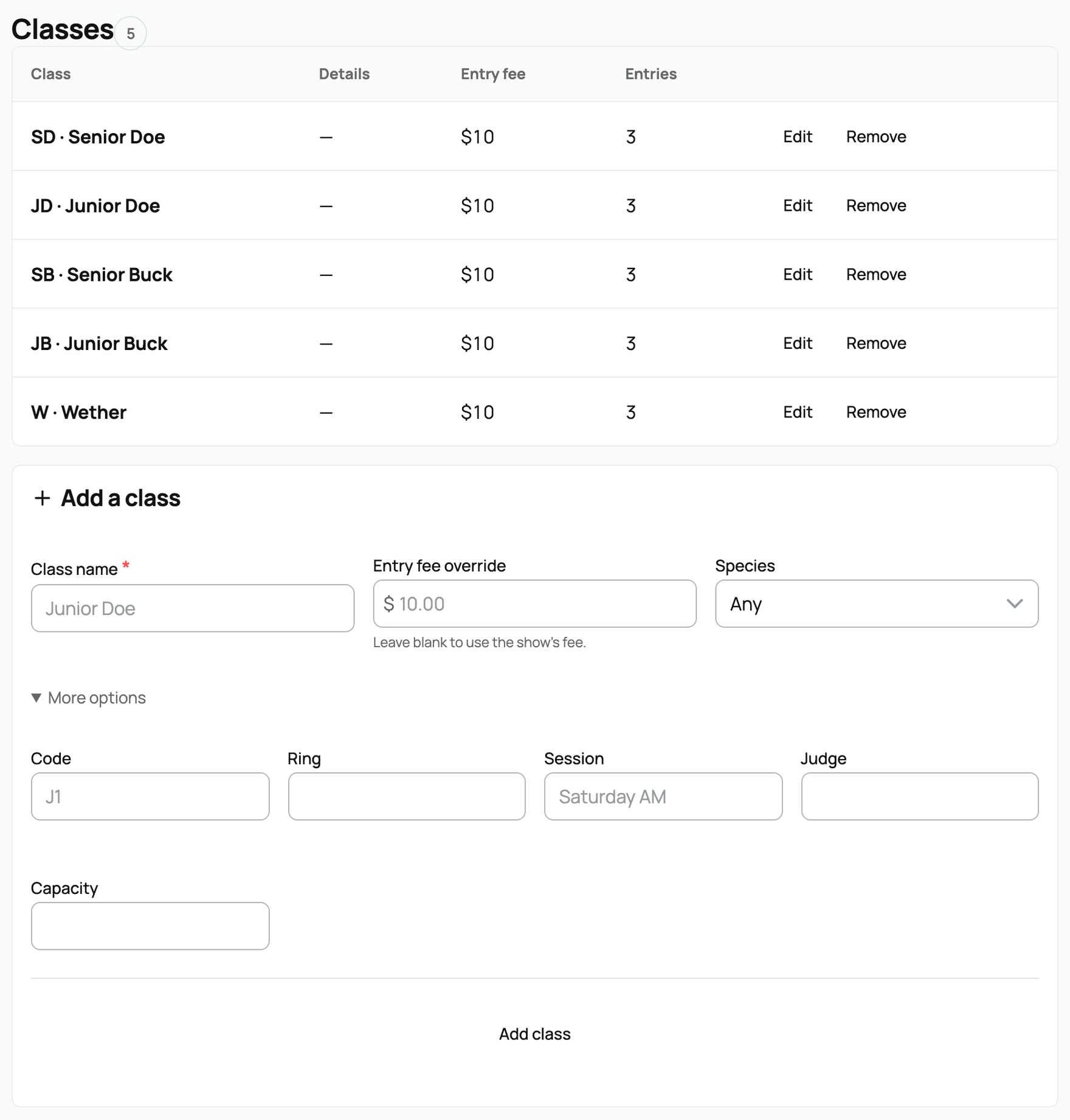 The class list and the Add a class form