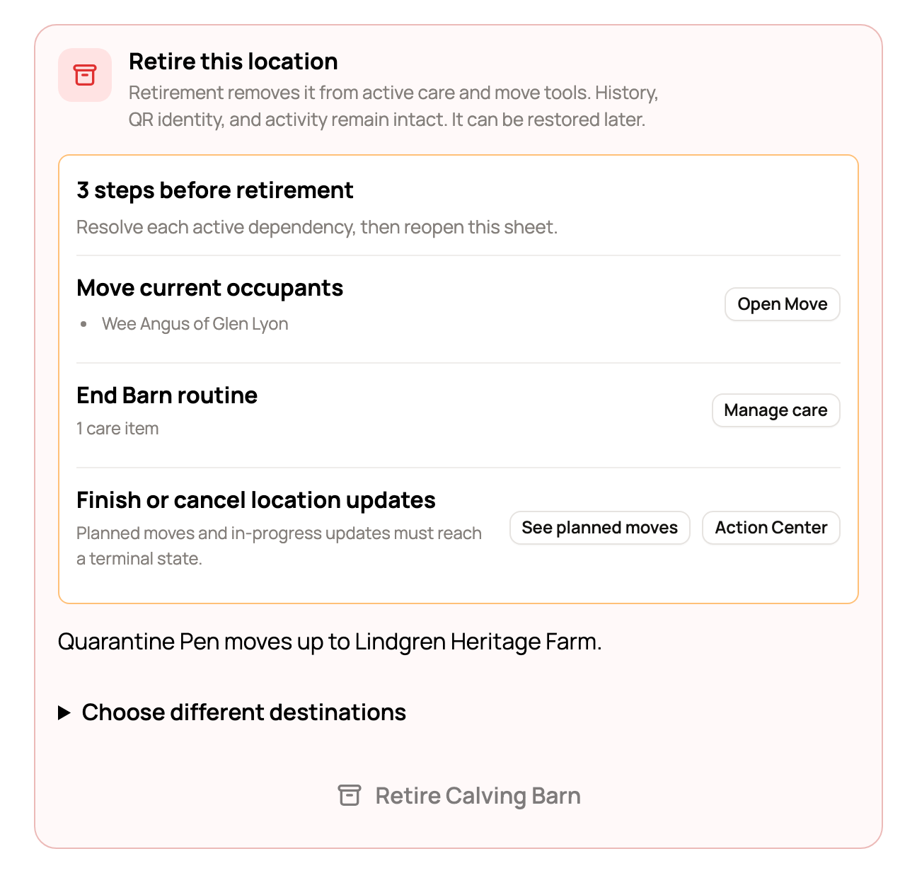 Retire this location for Calving Barn with three steps to clear, where the smaller place inside it goes, and Retire Calving Barn grayed out