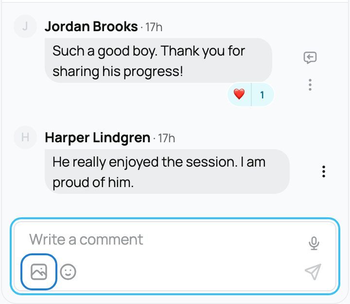 An open comment composer with its media, emoji, and Send comment controls