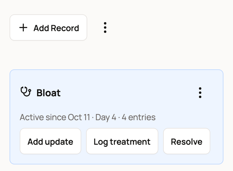 Bloat health concern card with Add update, Log treatment and Resolve