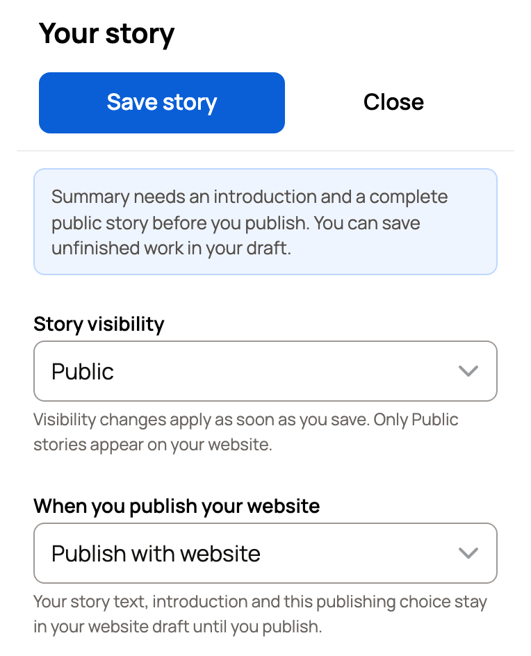 Story visibility set to Public and When you publish your website set to Publish with website, on a phone