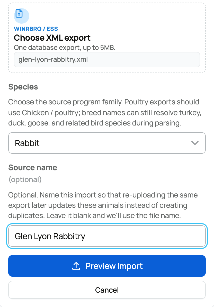 XML export, Species, Source name, and Preview Import