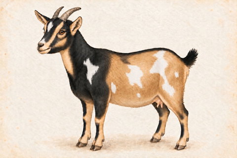 Illustration of a buckskin Nigerian Dwarf doe with irregular white patches over a black cape and tan body.