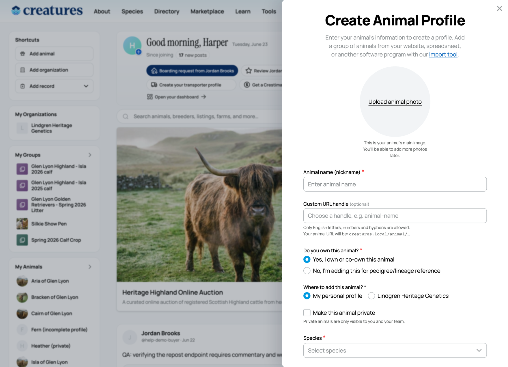 The Add an animal form