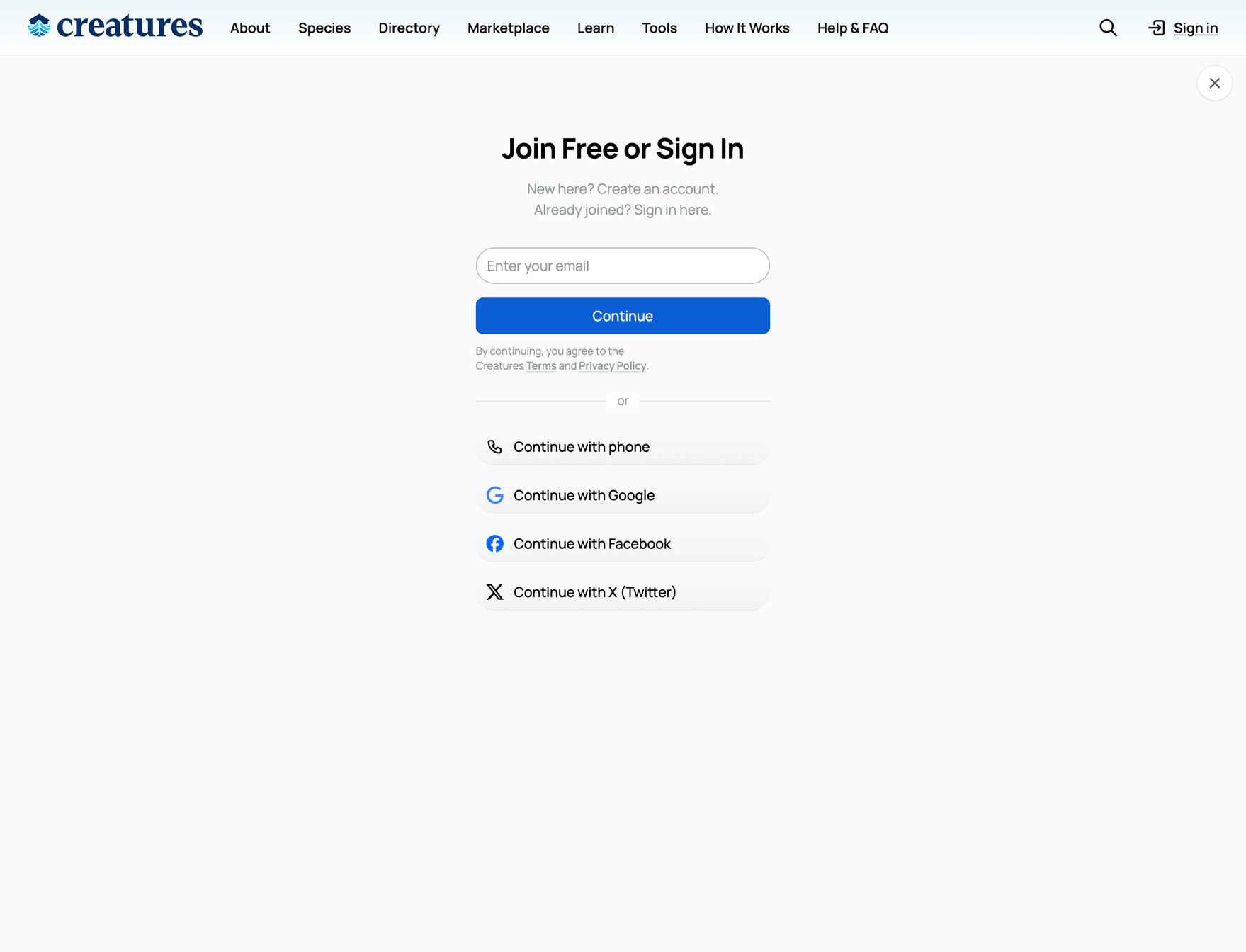 The Join Free window with phone, email, and social sign-in