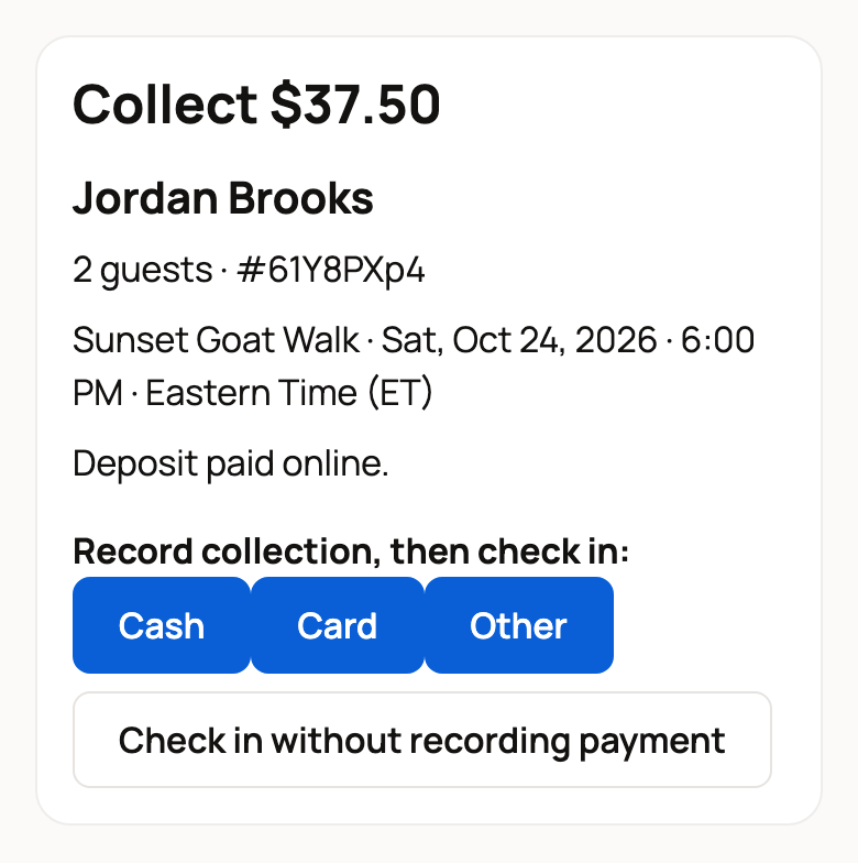 Guest card asking to collect $37.50, with Cash, Card, Other and Check in without recording payment