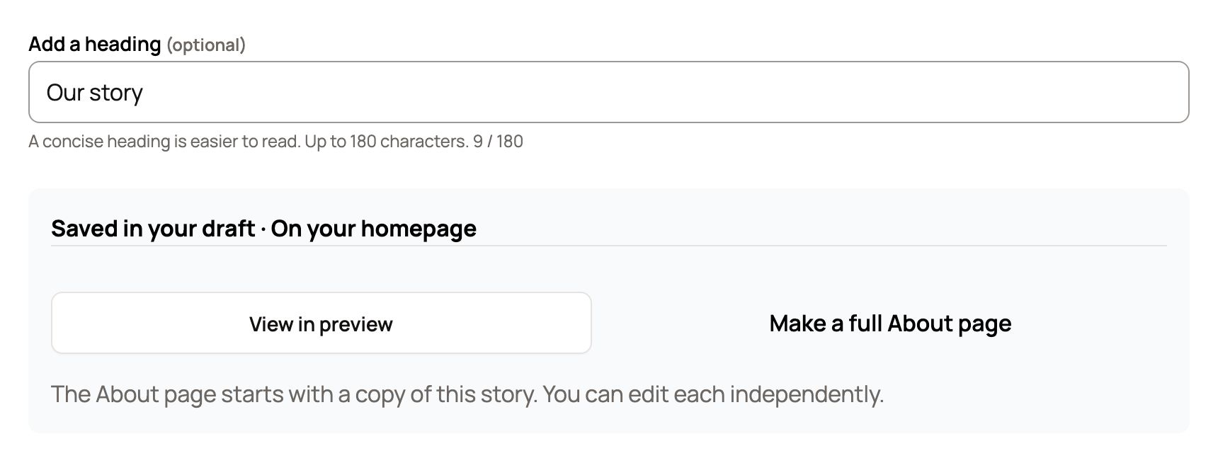 Story heading field and the Saved in your draft panel with View in preview and Make a full About page