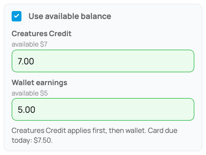 Credit and Wallet amounts with the remaining card payment