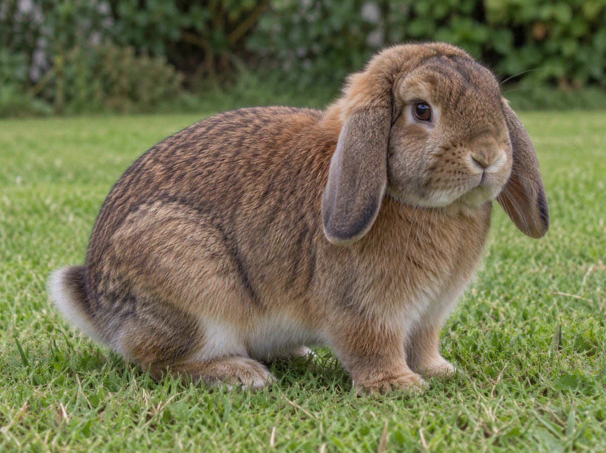 Chestnut agouti Holland Lop on a plain domestic garden lawn.