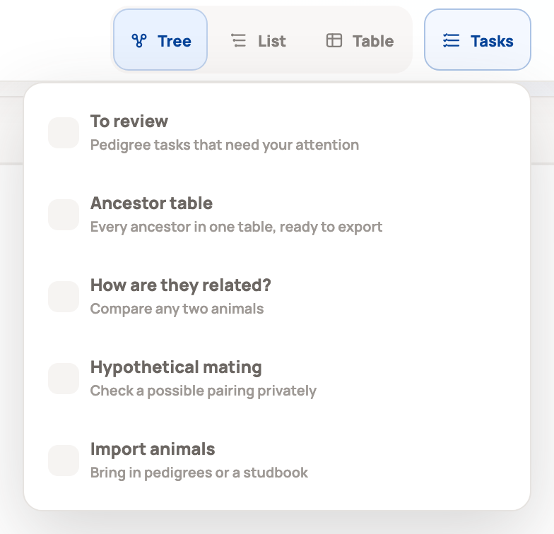 Pedigree Studio Tasks menu with To review, Ancestor table, How are they related?, Hypothetical mating, and Import animals