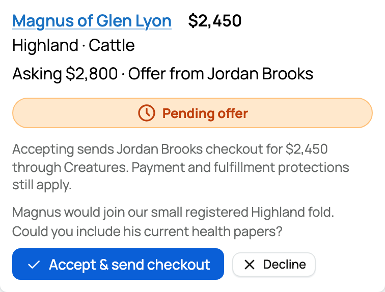 A pending offer with the seller's actions