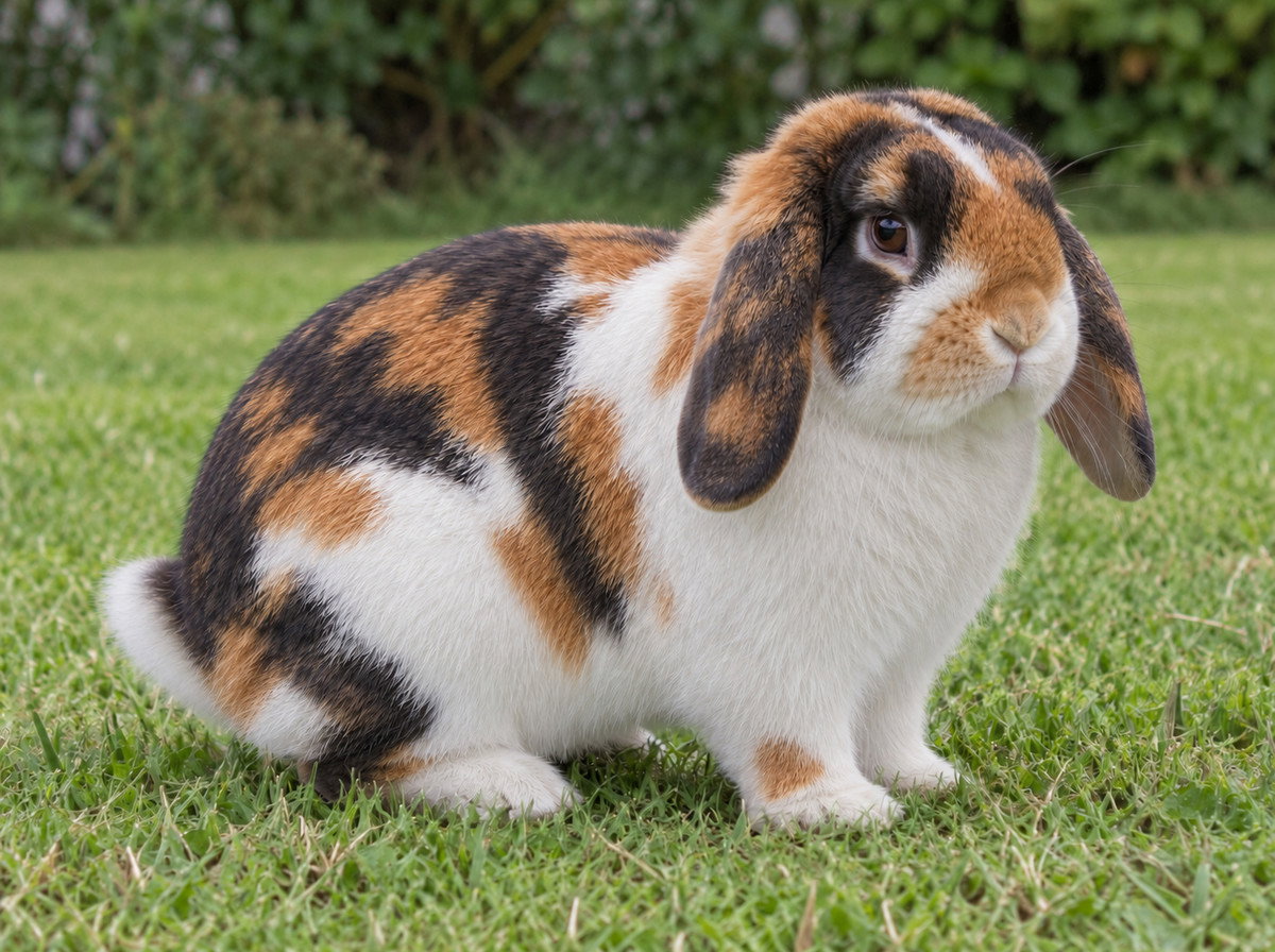 Tricolor Holland Lop on a plain domestic garden lawn.