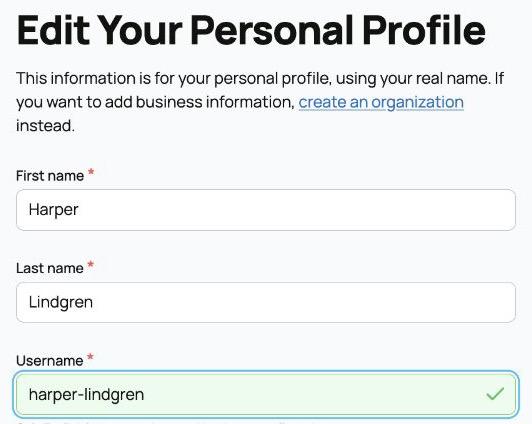 First name, Last name, and Username fields on the personal profile editor