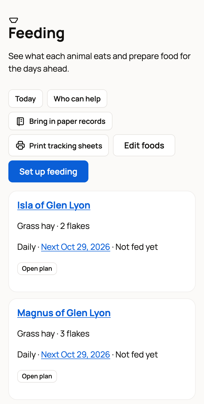 Feeding page listing hay for Isla and Magnus