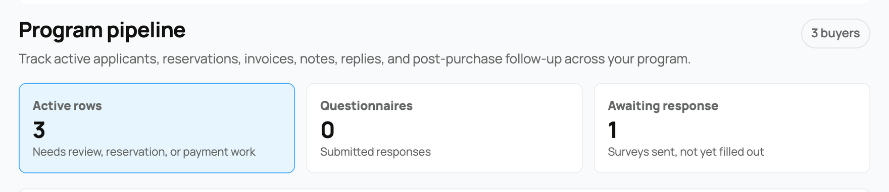 Buyer pipeline summary with three active buyer rows