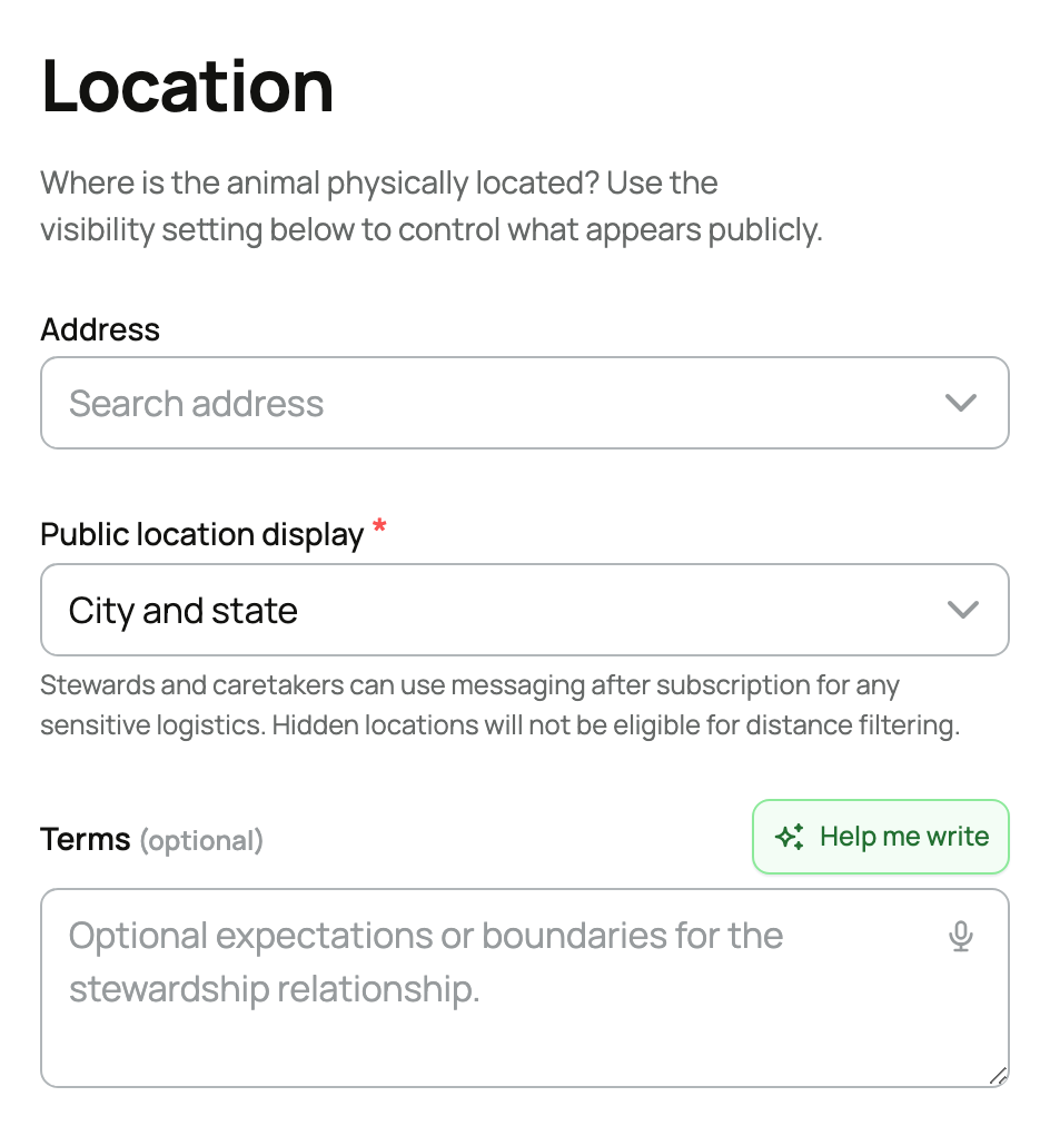 Location visibility, optional terms, and Help me write