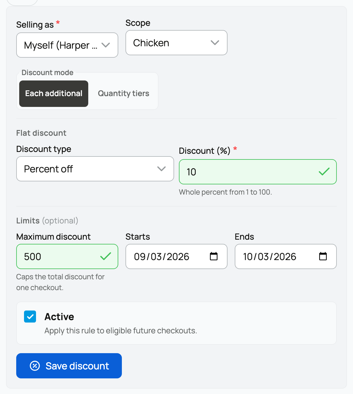 Example Chicken rule using Each additional percentage savings