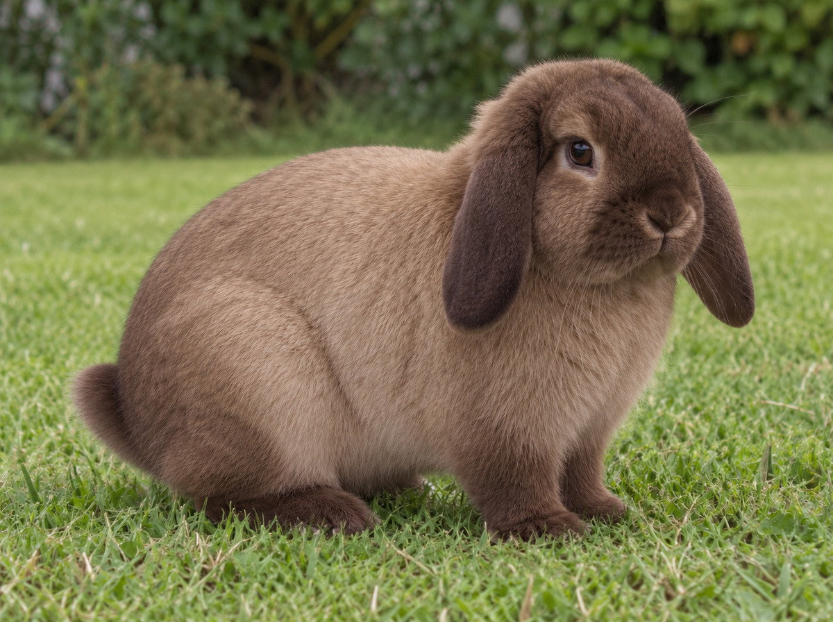 Siamese sable Holland Lop on a plain domestic garden lawn.
