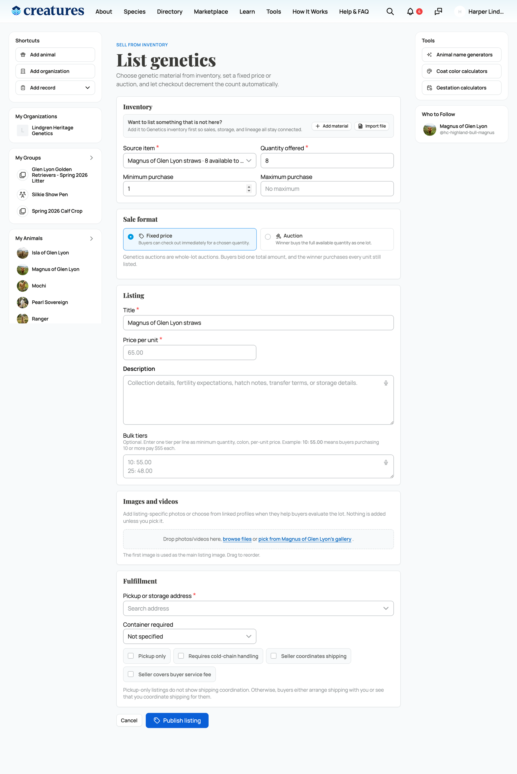 The create-listing form