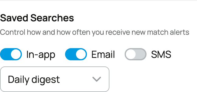 Saved Searches row with In-app and Email on, SMS off, and Daily digest selected