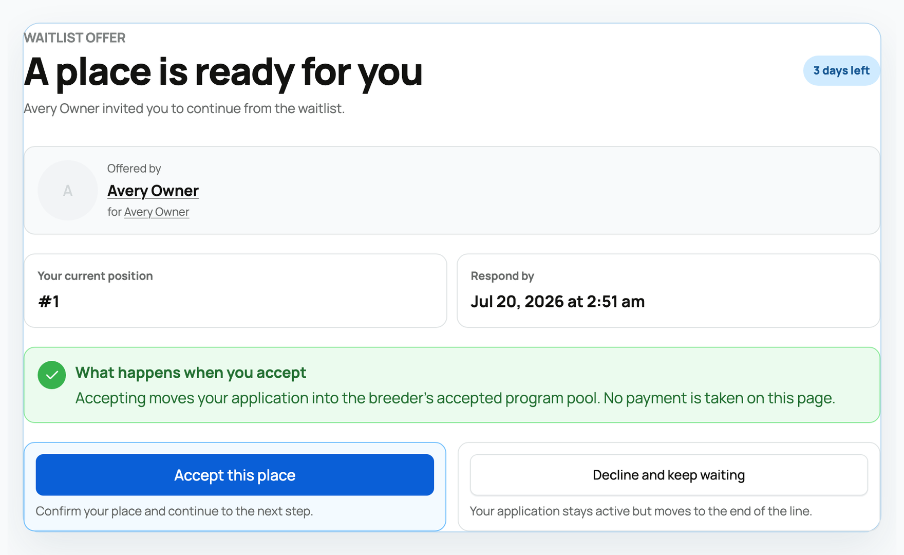 The waitlist offer page with Accept and Decline