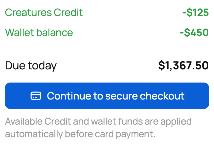 Auction-win checkout amounts, applied balances, and Continue to secure checkout
