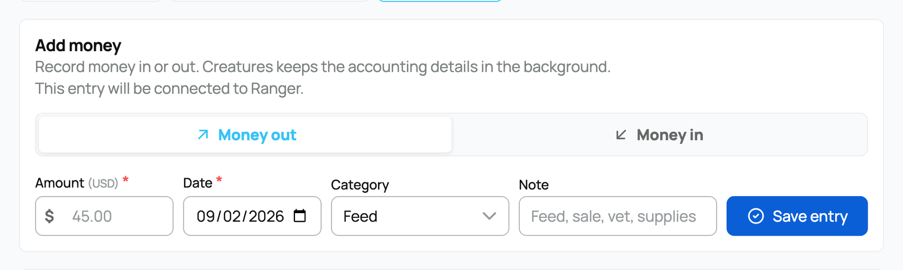 Add money form opened from an animal with the animal connection clearly named