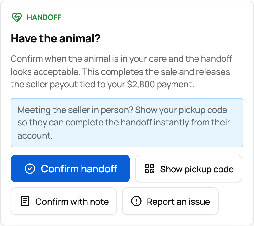 Pickup handoff panel with Report an issue available