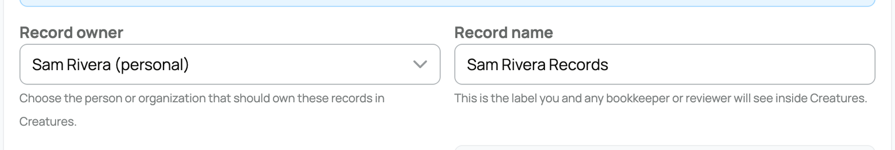 Record owner and Record name fields for a new set of business records