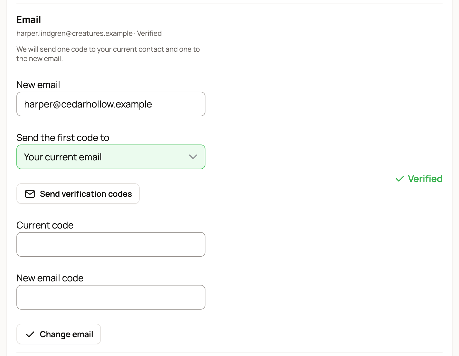 Email row with a new email entered, Send the first code to, and the Current code and New email code fields
