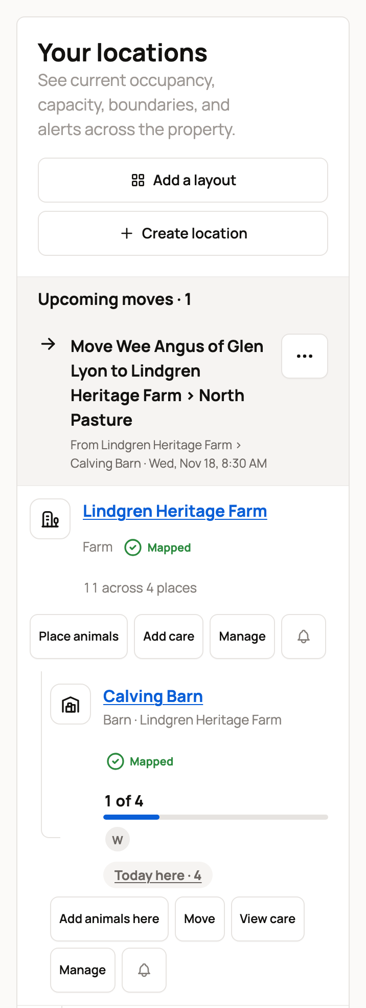 Your locations on a phone with occupancy, Today here and the row buttons