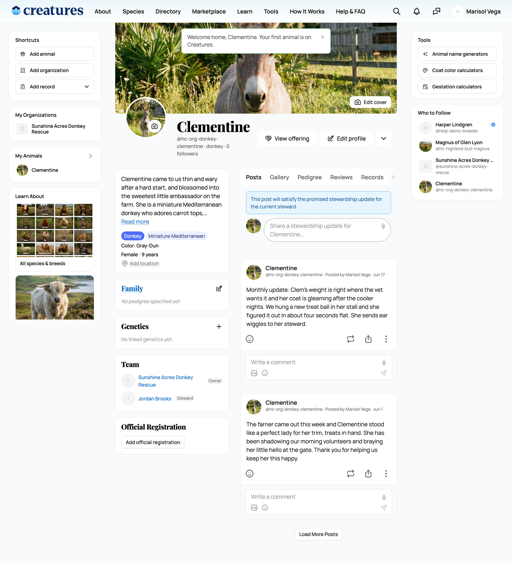 Posting a stewardship update on the animal's profile