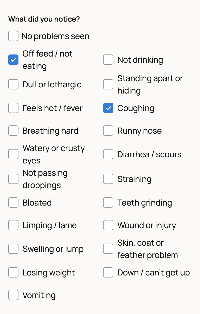 Sick or injured form with Off feed / not eating and Coughing ticked