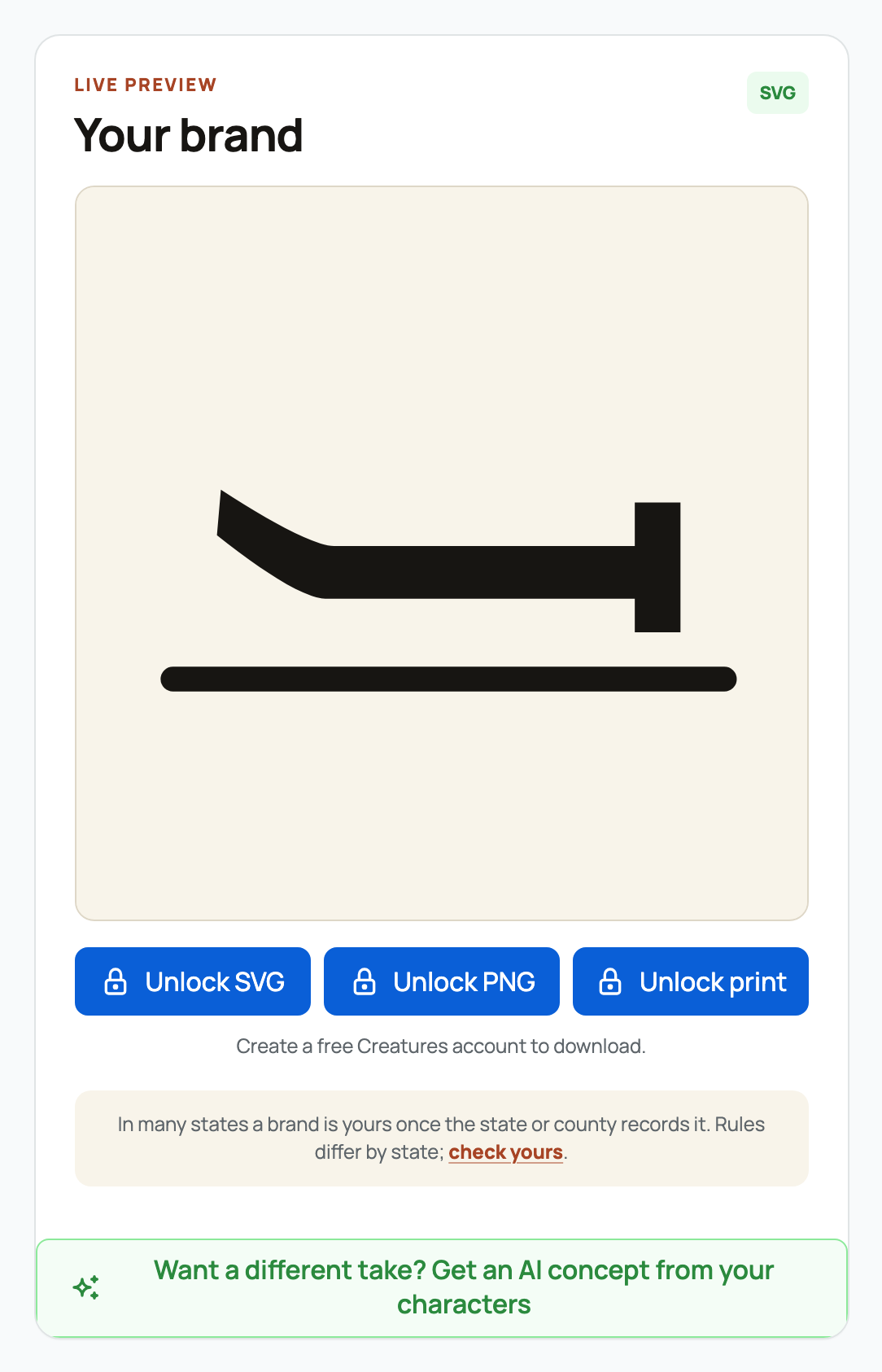 The live preview card with the locked download buttons for guests