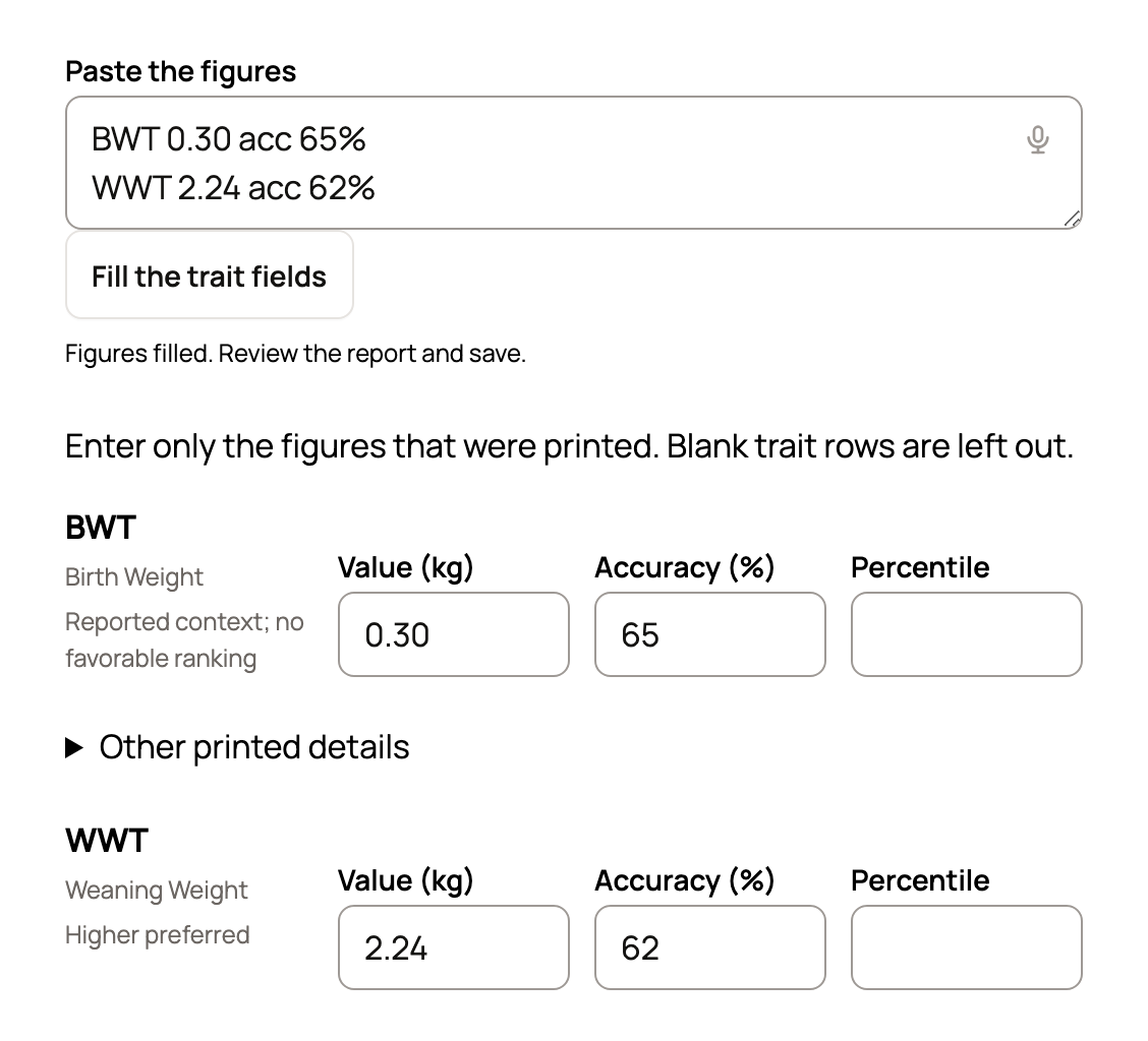 Paste the figures box with two pasted traits, and the BWT and WWT rows filled with value and accuracy