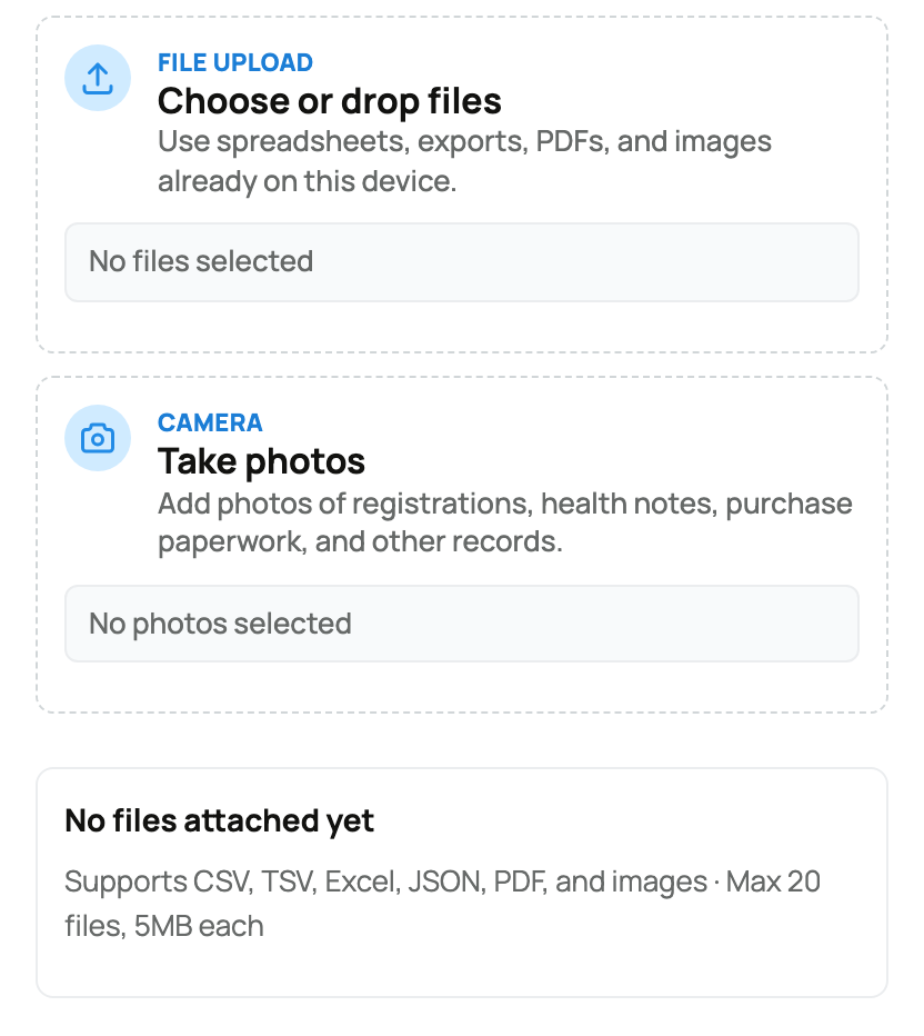 File and photo inputs with supported formats and size limits