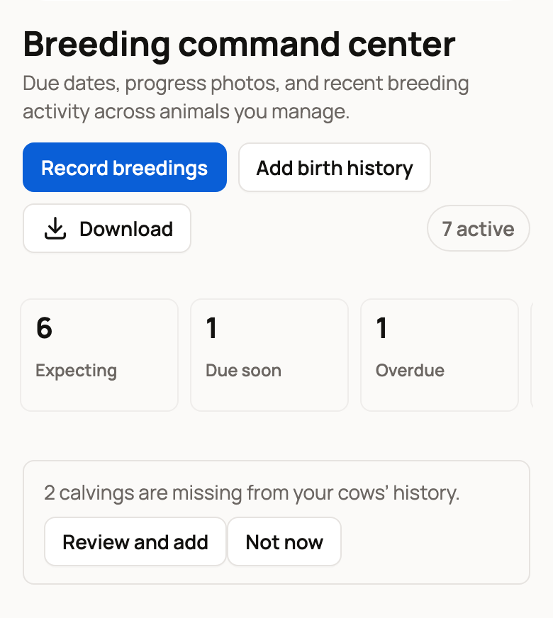 Breeding command center with the Add birth history button and a card saying 2 calvings are missing, with Review and add