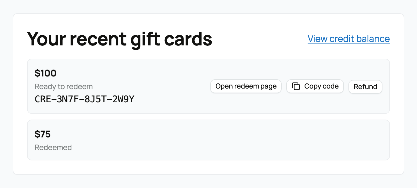 Gift-card history showing a card marked Ready to redeem and its available actions