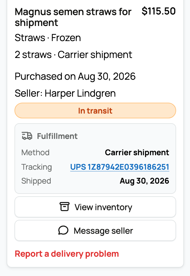 An in-transit purchase with tracking, Message seller, and Report a delivery problem