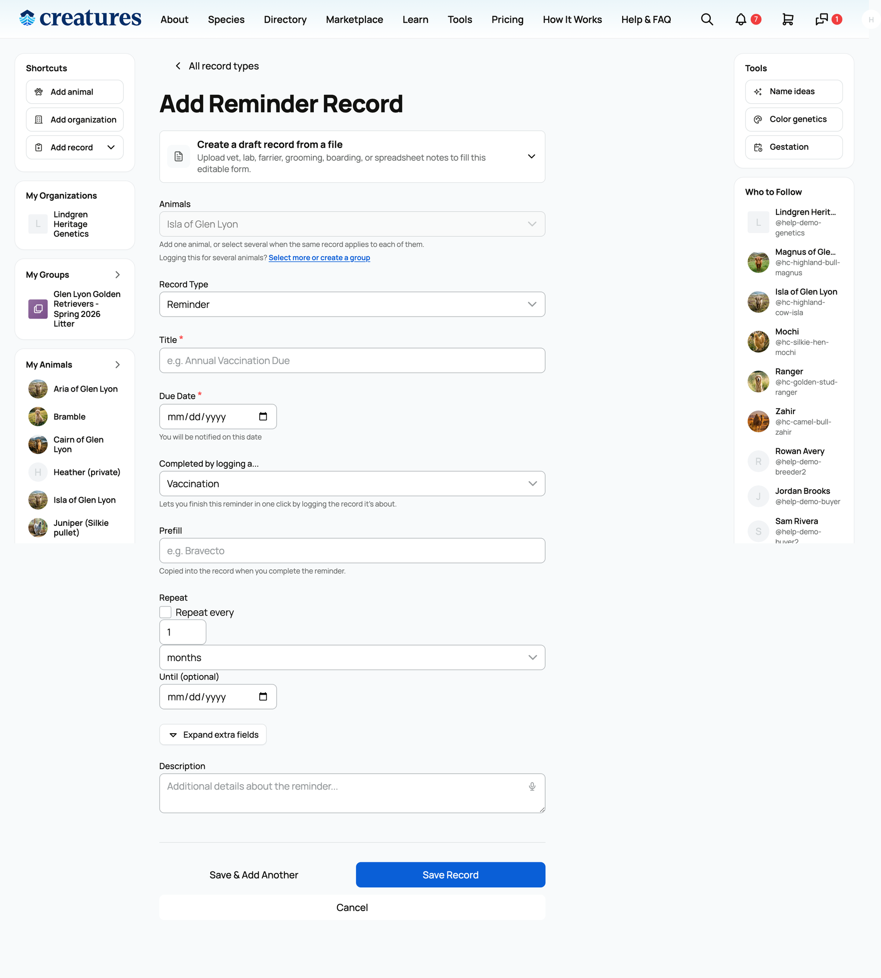 The reminder record form