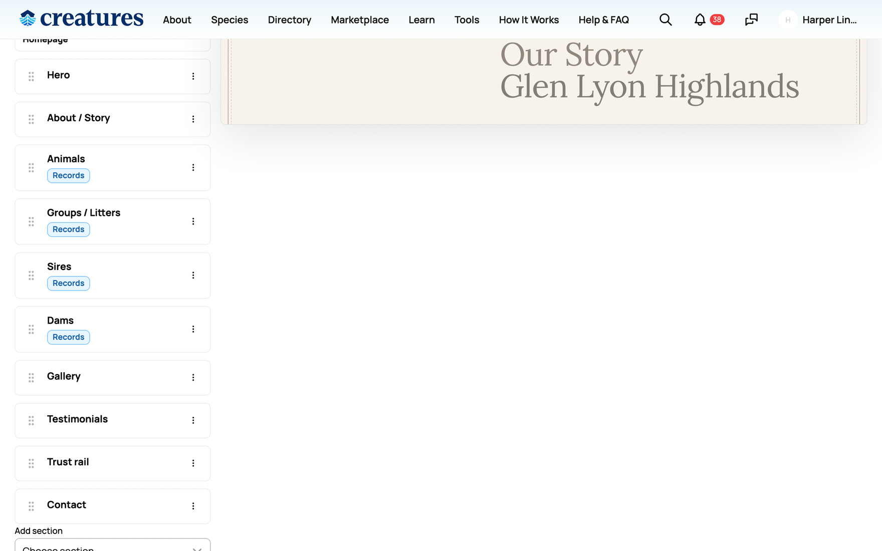 A page's section list, with Move, Duplicate, and Remove, and the "Add section" picker