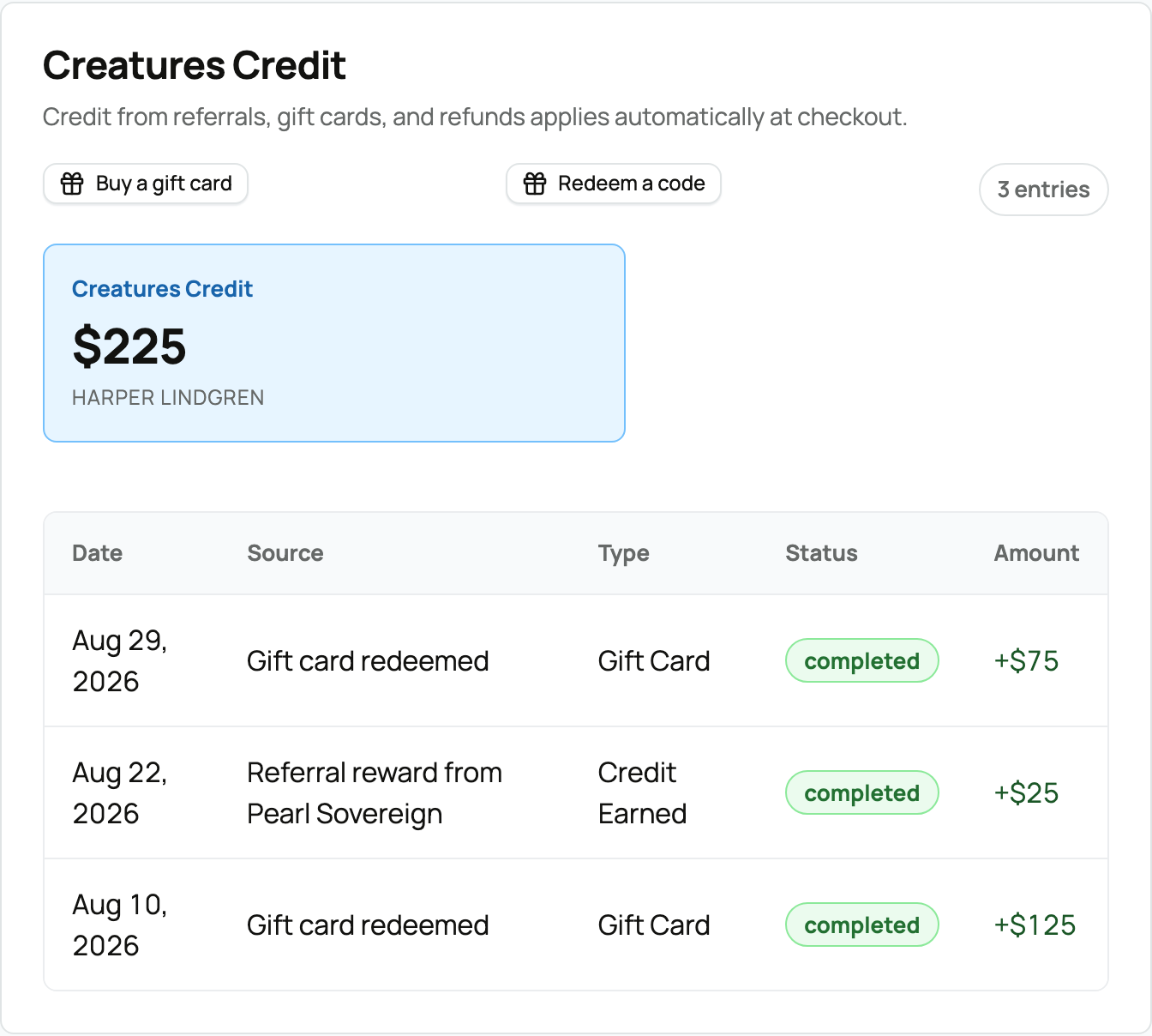 Creatures Credit balance with gift-card and referral activity