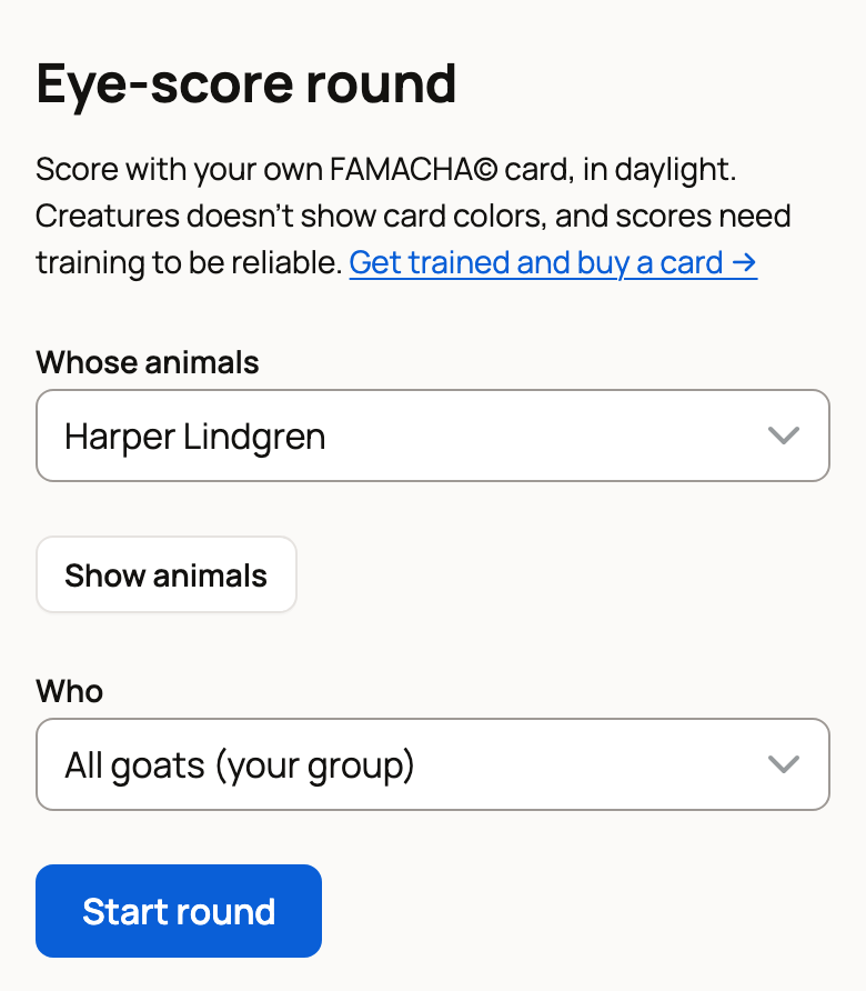 Eye-score round start with Whose animals, Who set to All goats and the Start round button