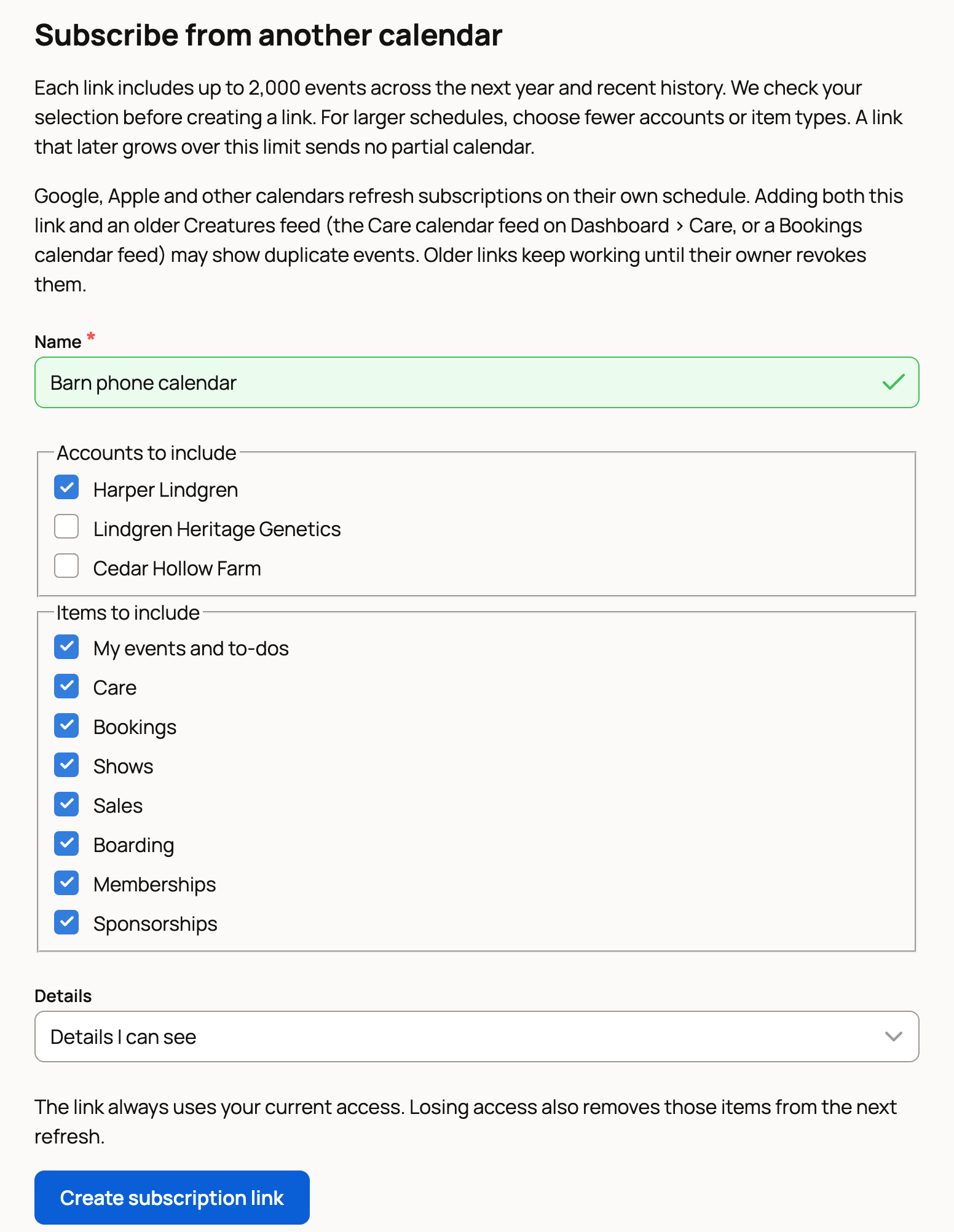 Subscribe from another calendar with accounts, items and details to choose