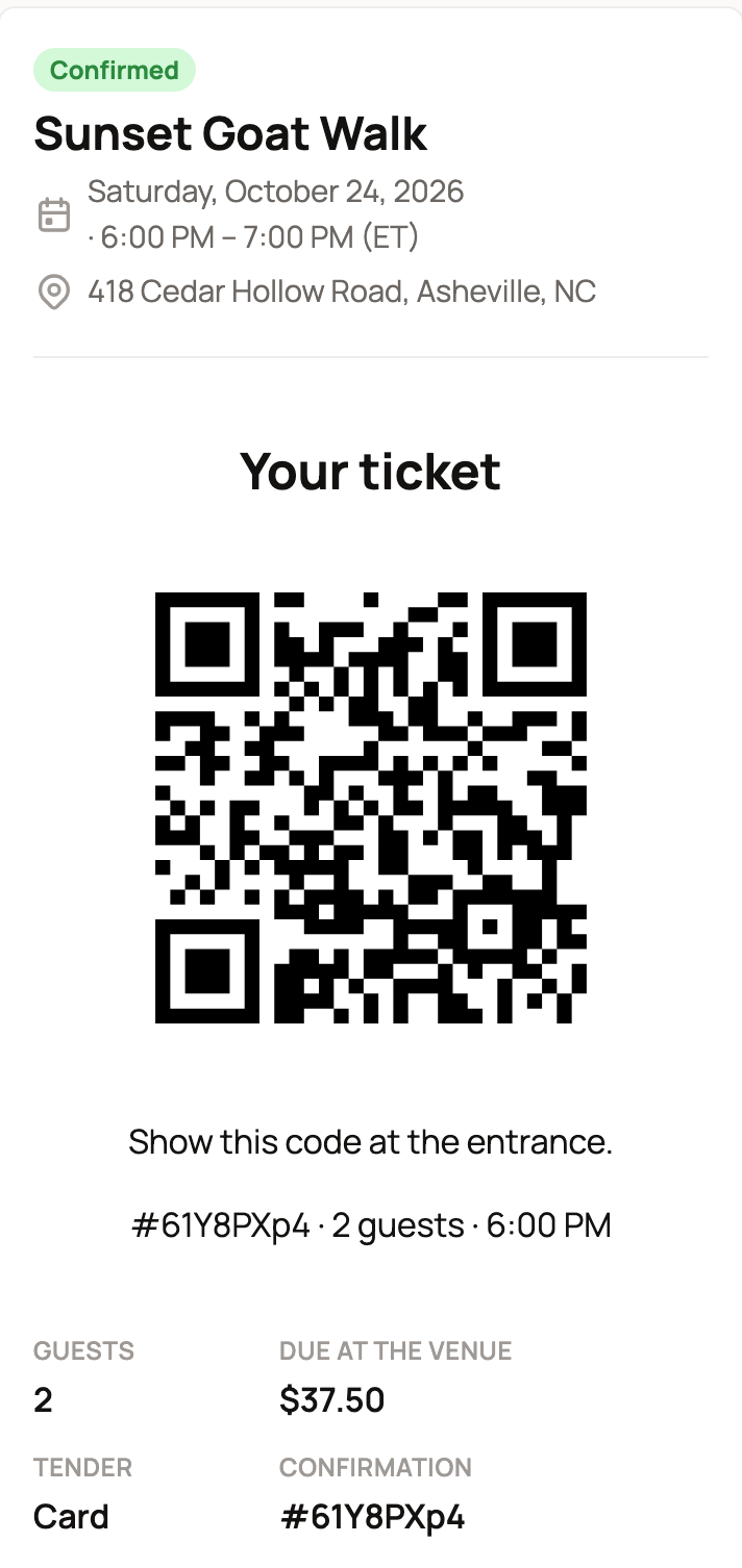 Your ticket for the Sunset Goat Walk with a code to scan, 2 guests, and $37.50 due at the venue