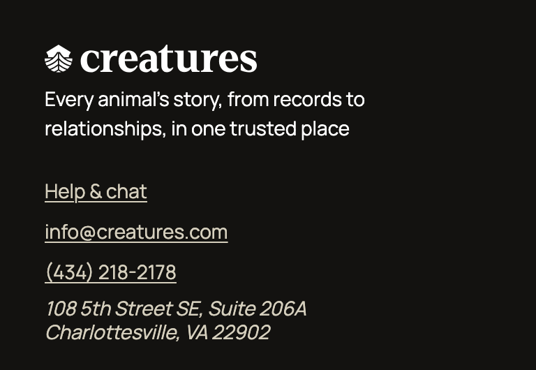 Creatures footer with Help & chat, info@creatures.com and (434) 218-2178