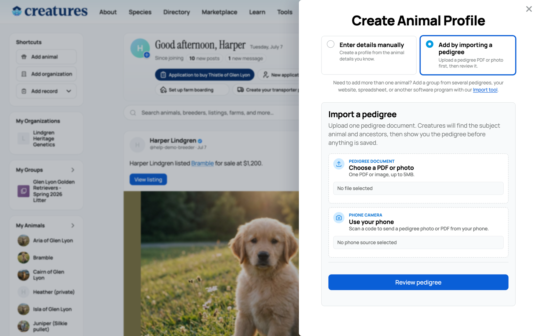 The Add Animal form with "Add by importing a pedigree" selected, showing the Import a pedigree panel
