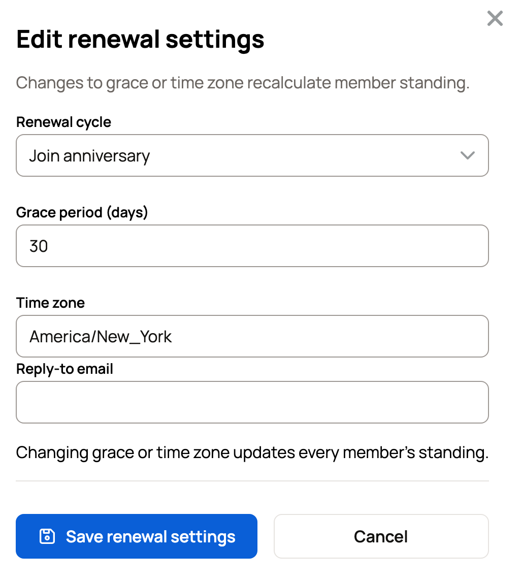 Edit renewal settings with the renewal cycle and grace period