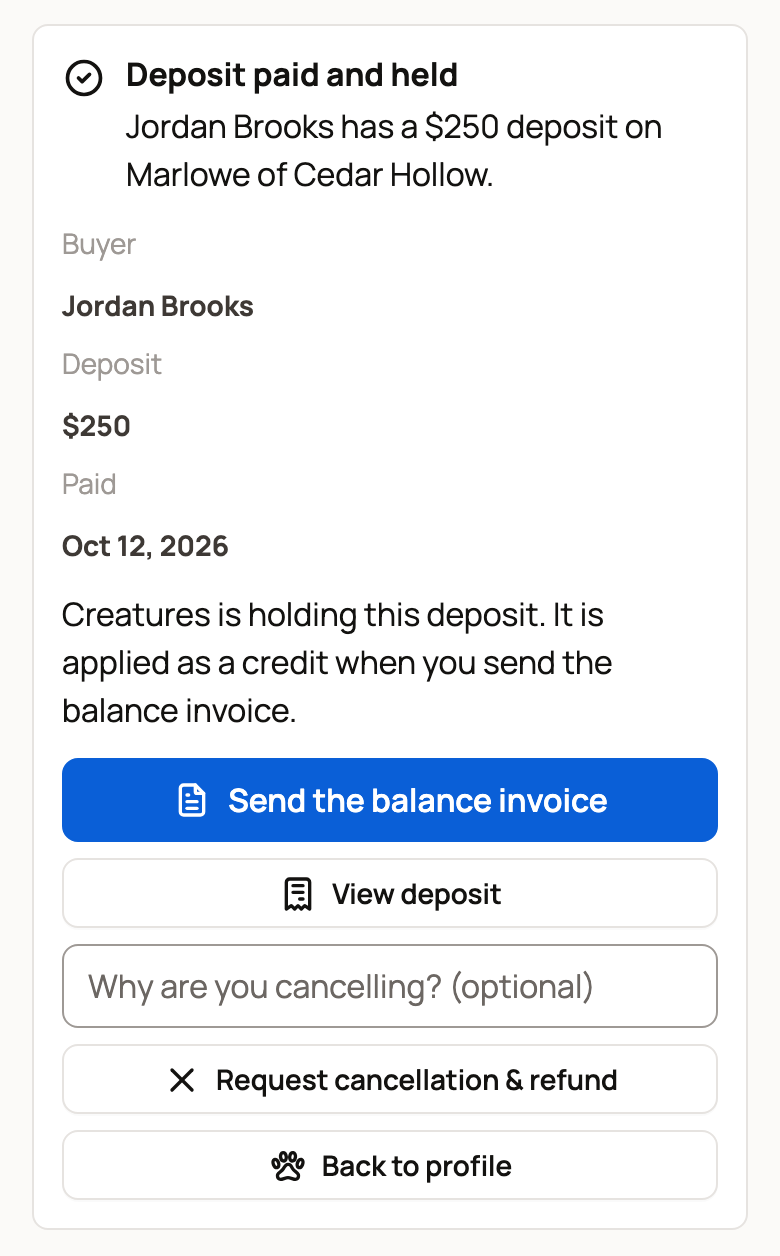 Deposit paid and held with Send the balance invoice