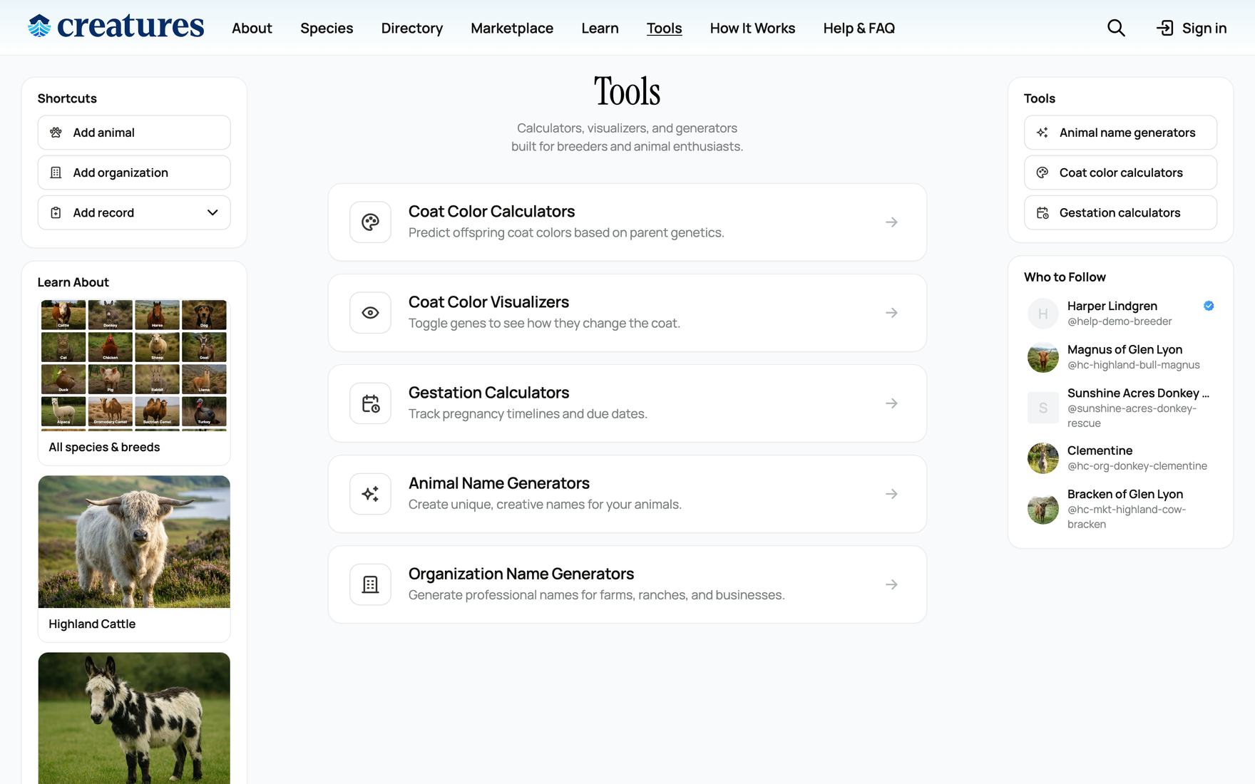 The Creatures Tools page